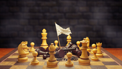 Dark chess raises a white flag in surrender to bright chess on a chessboard and smoke floating in the air and dark brick background. The concept of business loss and bankruptcy. 3D illustration..