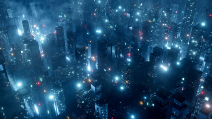 3D Rendering of sci fi city aerial view. Sky scrapper buildings with many glowing lights from led and advertising signs. For wallpaper, product background