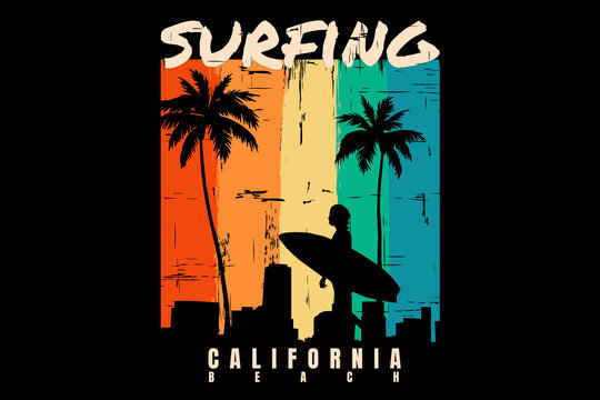 silhouette surfing beach sunset california beautiful retro style