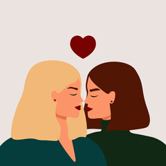 Two beautiful girls kiss. Flat design lesbian kiss. Love. Heart. LGBT 