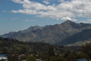 Fototapeta premium Beautiful eastern mountain rage in the morning with blue sky at pacho town, cundinamarca colombia