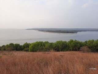 view of the Chapora Fort to Morjim Beach at Goa. Morjim Beach top view. goa beach.