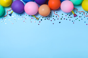 Flat lay composition with balloons and confetti on light blue background, space for text. Birthday...