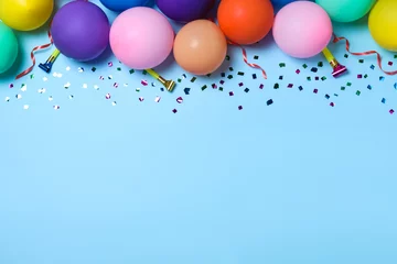 Poster Flat lay composition with balloons and confetti on light blue background, space for text. Birthday decor © New Africa