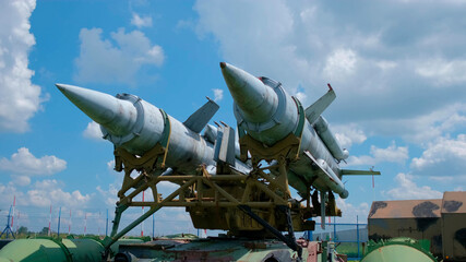Military missiles at the exhibition in open-air museum. History and military concept
