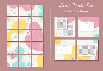 Social media feed post template in grid puzzle style with organic shape background