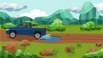 Fototapeta premium Vast grassland and mountain terrain made of polygon with cut by soil roads and puddle. Pick-up or truck car driven until the water splashes by men. Flat style vector illustration.