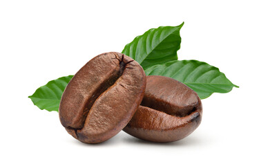 Close-up Two roasted coffee beans with fresh coffee leaves  isolated on white background. - obrazy, fototapety, plakaty