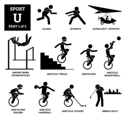 Sport games alphabet U vector icons pictogram. Ulama, ultimate, ultralight aviation, uneven bars gymnastic, unicycle trials, unicycling, unicycle basketball, racing, handball, hockey, and urban golf. © leremy