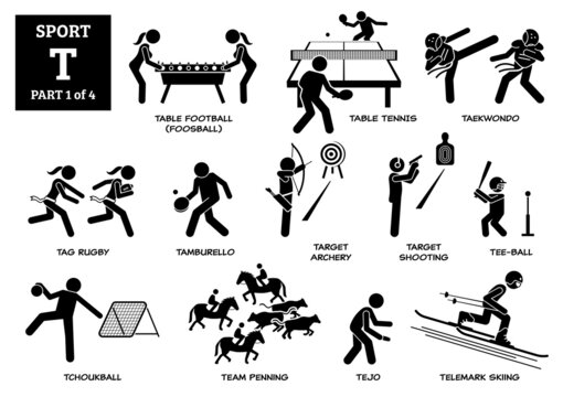 Sport games alphabet T vector icons pictogram. Table football, table tennis, taekwondo, tag rugby, tamburello, target archery, shooting, tee-ball, tchoukball, team penning, tejo and telemark skiing.