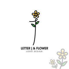 Simple and beauty initial logo letter I line style combining with sunflower and two green leaf