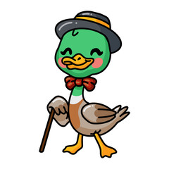 Cute little duck cartoon in hat and bow tie