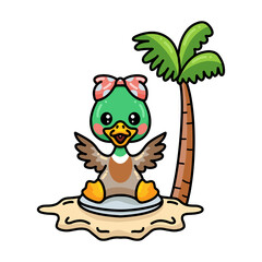 Cute little duck girl cartoon sitting on the beach