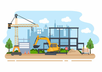 Construction of Building Vector illustration. Architecture Makes Foundation, Pours Concrete, Digs, Use Machine Tower Cranes and Excavators. Real Estate Cartoon Business