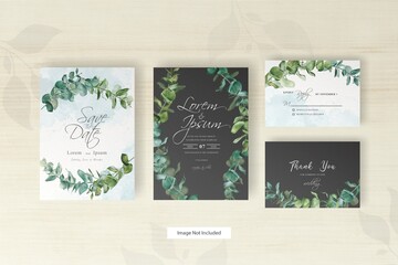 Fototapeta na wymiar greenery wedding invitation card template with hand drawn eucalyptus and alcohol ink background