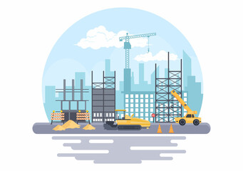 Construction of Building Vector illustration. Architecture Makes Foundation, Pours Concrete, Excavator Digs, Use Machine Tower Cranes, Paver and Truck Crane. Real Estate Cartoon Business