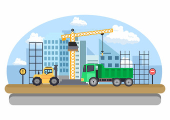 Construction of Building Vector illustration. Architecture Makes Foundation, Pours Concrete, Excavator Digs, Use Machine Tower Cranes, Dump Trucks and Forklift. Real Estate Cartoon Business