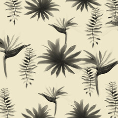 Fototapeta na wymiar Gray Pattern Plant. White Tropical Leaves. Black Floral Exotic. Decoration Leaf. Floral Illustration. Summer Botanical. Spring Textile. Wallpaper Vintage.