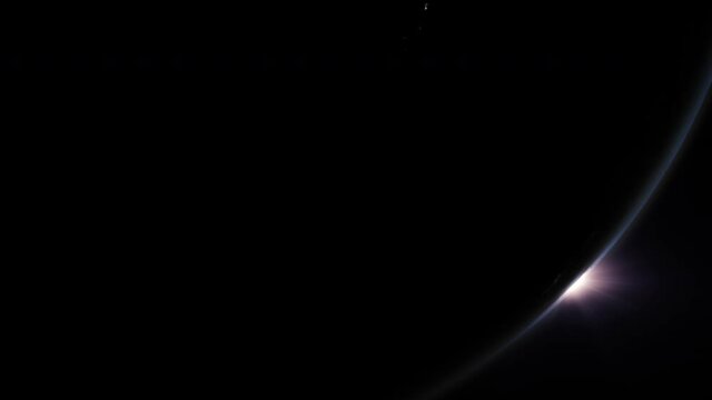 A cinematic rendering of sunrise above the planet Earth horizon rotating from the night side terminator to the illuminated daylight side