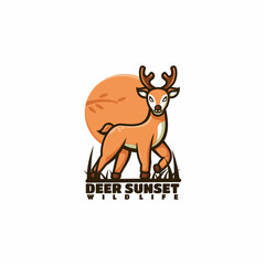 Vector Logo Illustration Deer Sunset Simple Mascot Style.