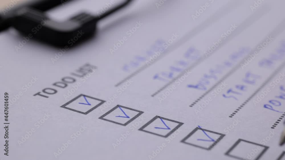 Poster The person ticks checkbox marks with a Pen, filling up a To-Do List. Checking marks in a task list, Questionnaire, Medical Cart.