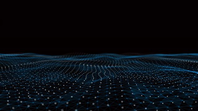 4k abstract Digital blue Wave of particles dance motion on wave and light.Futuristic dots background with a dynamic wave.Big data.Cyber or technology background.Quantum finance.
