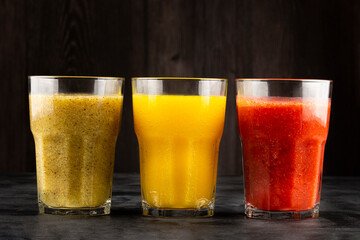 Variety of fruit juices. Fruit smoothies.