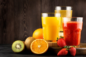 Variety of fruit juices. Fruit smoothies.