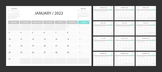 Calendar 2022 week start Monday corporate design planner template.