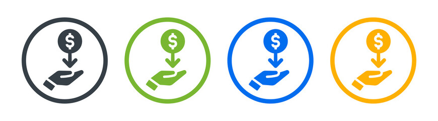 Save money icon, salary money, invest finance icon. Hand holding dollar symbols vector illustration.