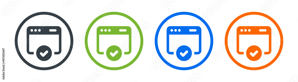 Poster internet website, webpage browser with check mark icon.