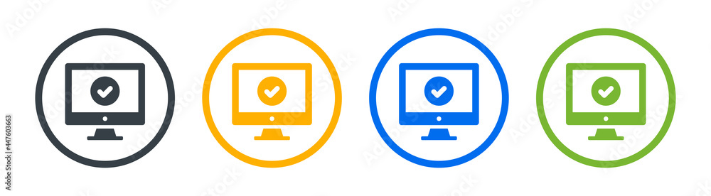 Poster Computer screen with check mark icon. Online approval sign.