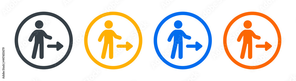 Poster person pointing on right direction icon on circle sign.