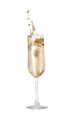 Sparkling wine splashing out of glass on white background