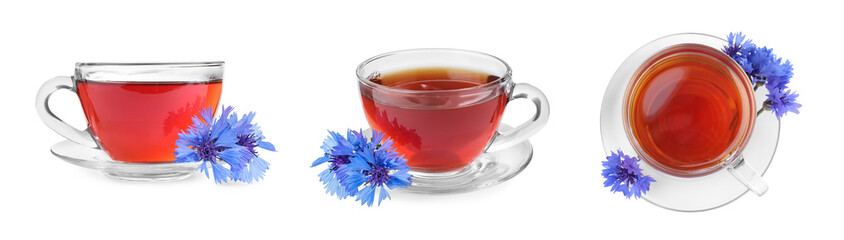 Set with cornflower tea on white background. Banner design