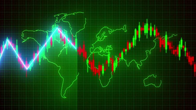 Motion of red green candle stick graph chart of stock market trading with animated world map background, Bullish Bearish stock point. Economy trends charts for business. Financial investment concept.