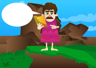 Fototapeta premium Cartoon prehistoric man reading and pointing at an opened book. Vector illustration of a man from the stone age.