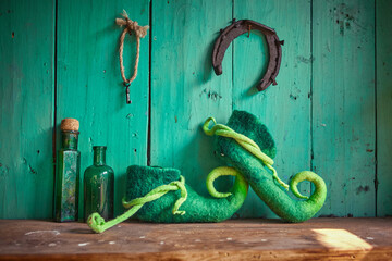 Composition of green felt shoes with curved toes, old green bottles, a horseshoe and an old key