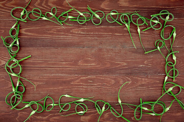 A frame made of young green garlic stalks on a dark background with a place for text