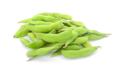 fresh Green soy beans on white background.