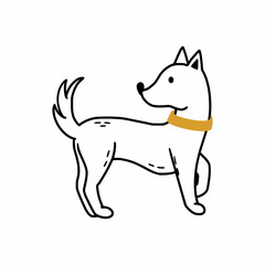 Puppy with collar on white background. Cute dog in doodle style. Coloring book for children.