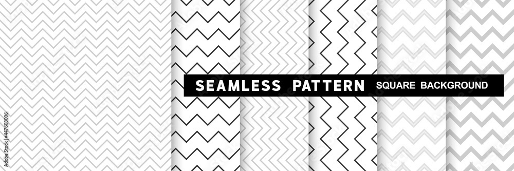 Wall mural set of geometric seamless zigzag line patterns in square shape background, black and white monochrom