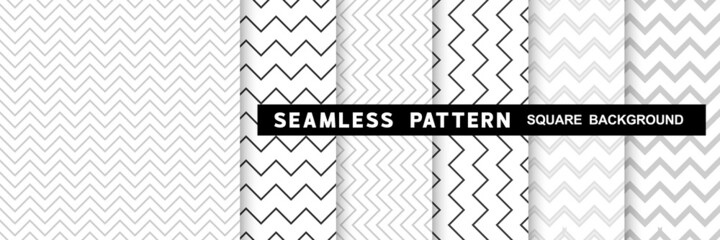 Set of geometric seamless zigzag line patterns in square shape background, black and white monochrome color. Vector illustration