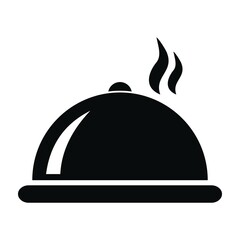 Fototapeta premium Covered food tray of restaurant service, black vector icon on white background, silhouette