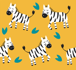 Pattern with cute zebras on yellow background. Kids vectir illustration © jolly_photo