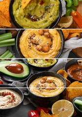 Collage of different kinds of hummus dips with snacks. Traditional homemade snacks concept.