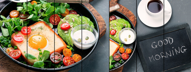 Collage of different cooked fried eggs on bread with vegetables. Delicious and healthy breakfast.