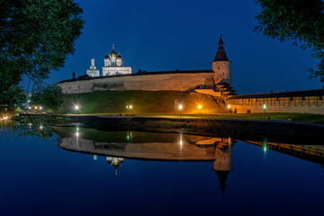 Pskov Kremlin and Trinity Cathedral at night, Russia