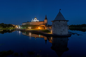 Pskov Kremlin and Trinity Cathedral at night, Russia