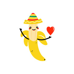 Cute cartoon style yellow banana character in mexican sombrero hat holding in hand red heart. Love and appreciation concept.
